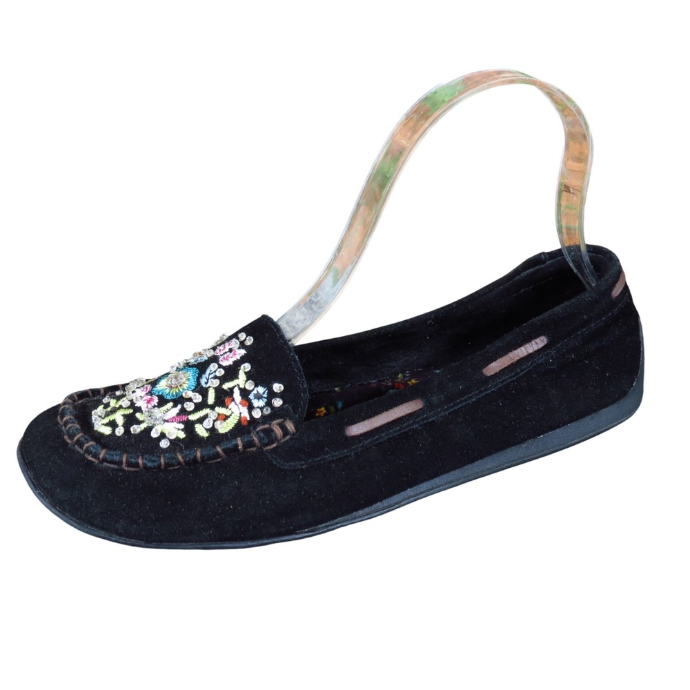 BC Footwear Embroidered Women Moccasin Loafer 6.5 Boho Driver Black Suede